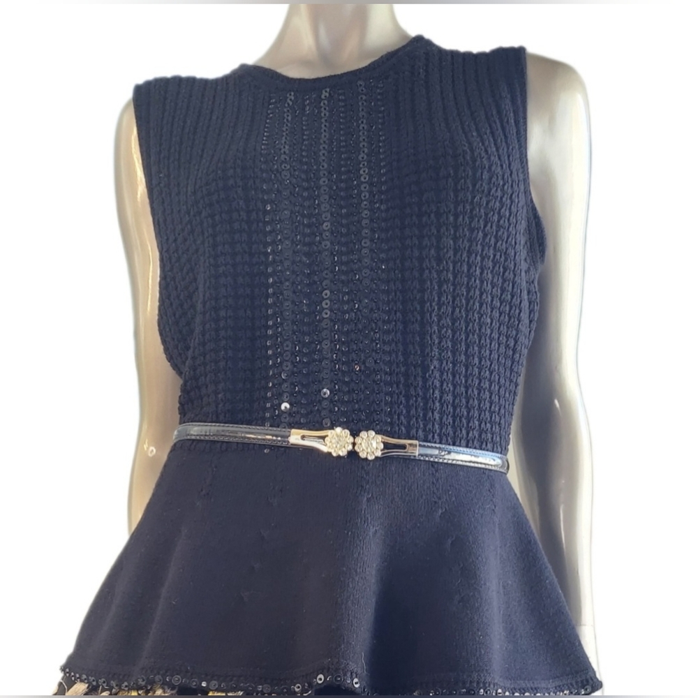 $1,600 NEW OSCAR DE LA RENTA VIRGIN WOOL BLACK BEAD KNIT RUNWAY BLOUSE US L
